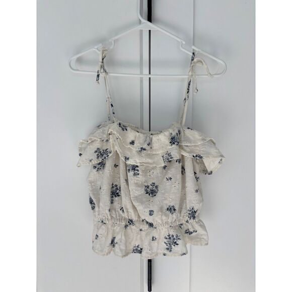 American Eagle Outfitters Tops - Cottagecore Blue Floral Eyelet Ruffle Tie Strap Top